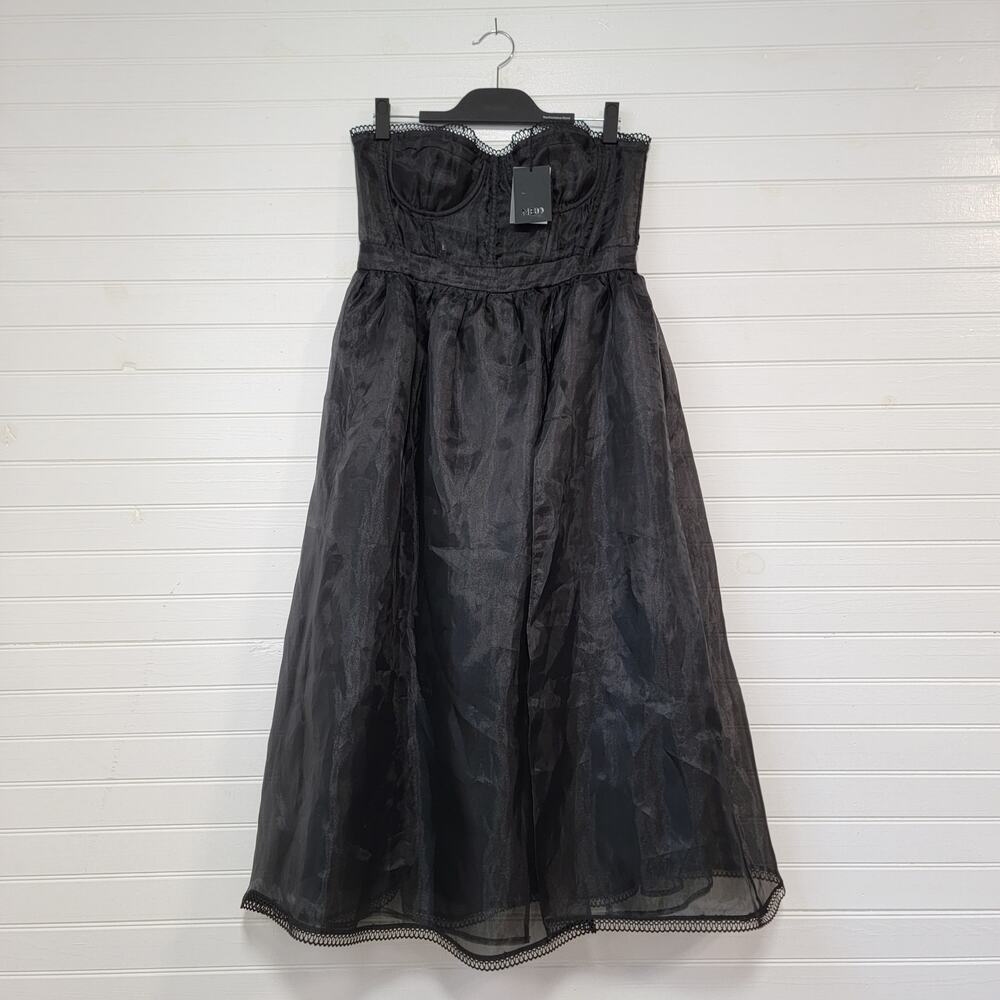 NWT NBD Black Midi Bustier Dress Size Large Chiffon Slit Lacey Goth Grunge